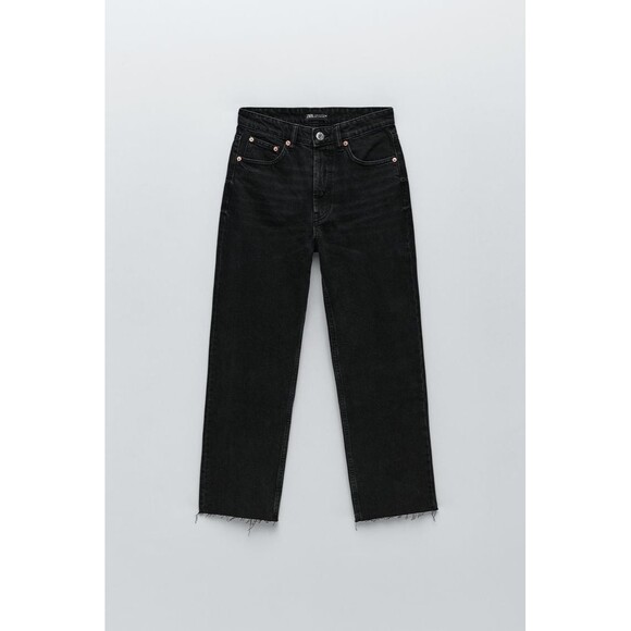 Black Denim Zara High-Waist Straight Ankle Raw Hem Jeans (NWT) - Picture 2 of 5